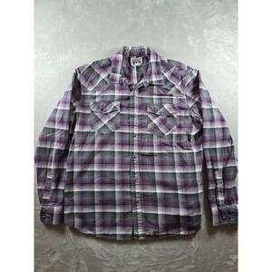 Converse One Star Western Flannel Shirt Men L Purple Plaid Snap Button Pockets